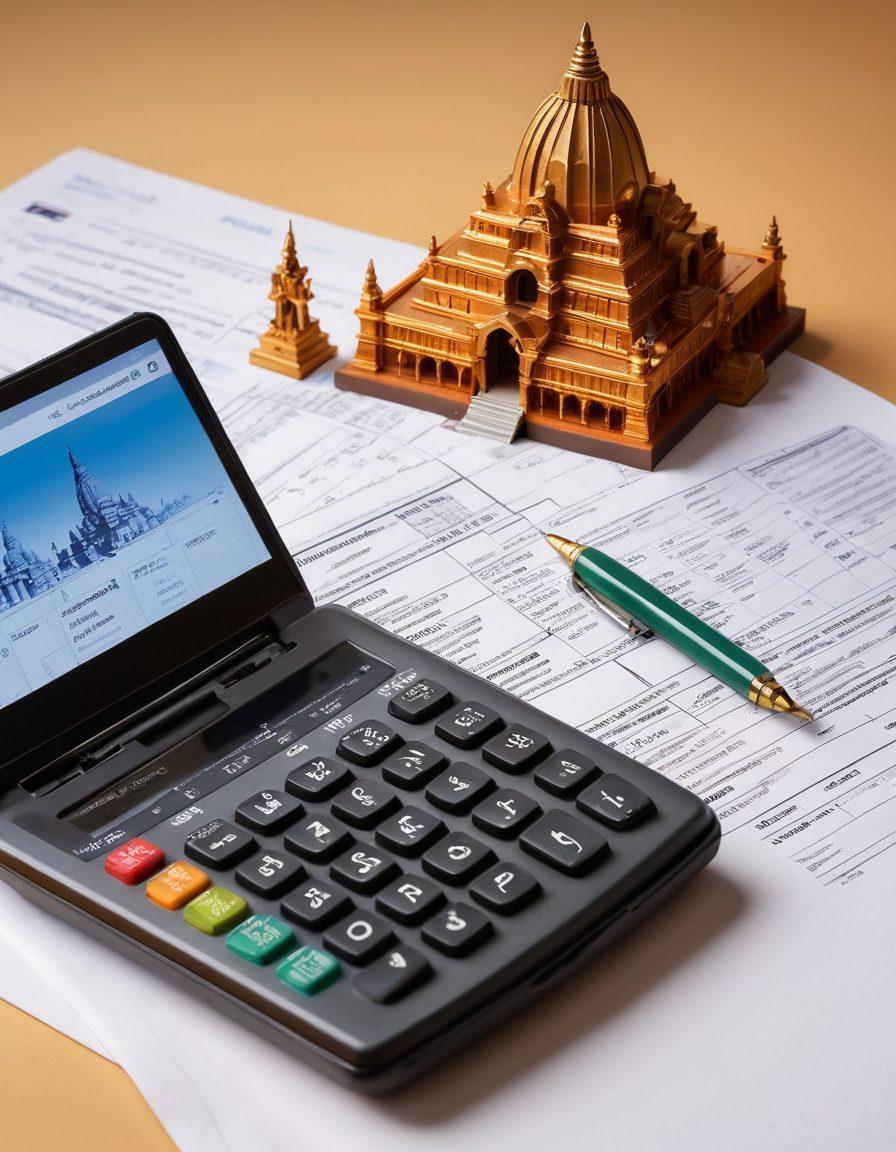 An open toolkit filled with essential items for filing insurance claims, like documents, a calculator, pens, and a computer. The background features iconic landmarks of Bihar, such as the Golghar and Mahabodhi Temple. A group of diverse students is collaborating and discussing insurance info, showcasing teamwork and learning. Soft, inviting lighting to convey a sense of empowerment and guidance. vibrant colors. super-realistic.