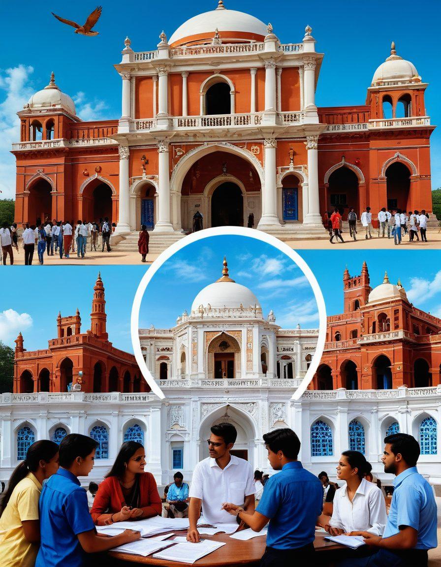 A collage depicting a diverse group of students and parents in a vibrant academic setting, surrounded by symbols of insurance like policy documents and shields. Include elements representing Bihar's culture, such as traditional architecture or local art. Showcase a clear sky and bright colors to convey a sense of hope and understanding. The scene should feel welcoming and informative, creating an engaging atmosphere for those navigating insurance. super-realistic. vibrant colors. white background.