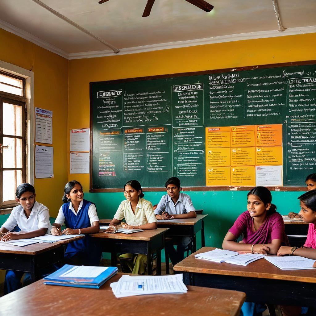 A dynamic classroom scene in Bihar where students are engaged in lively discussions about insurance coverage, surrounded by educational posters illustrating different types of insurance. A chalkboard illustrating key concepts, with a bright window showing a sunny day outside. The expressions of focus and determination on the students' faces signify the importance of mastering insurance for academic success. super-realistic. vibrant colors. detailed background.